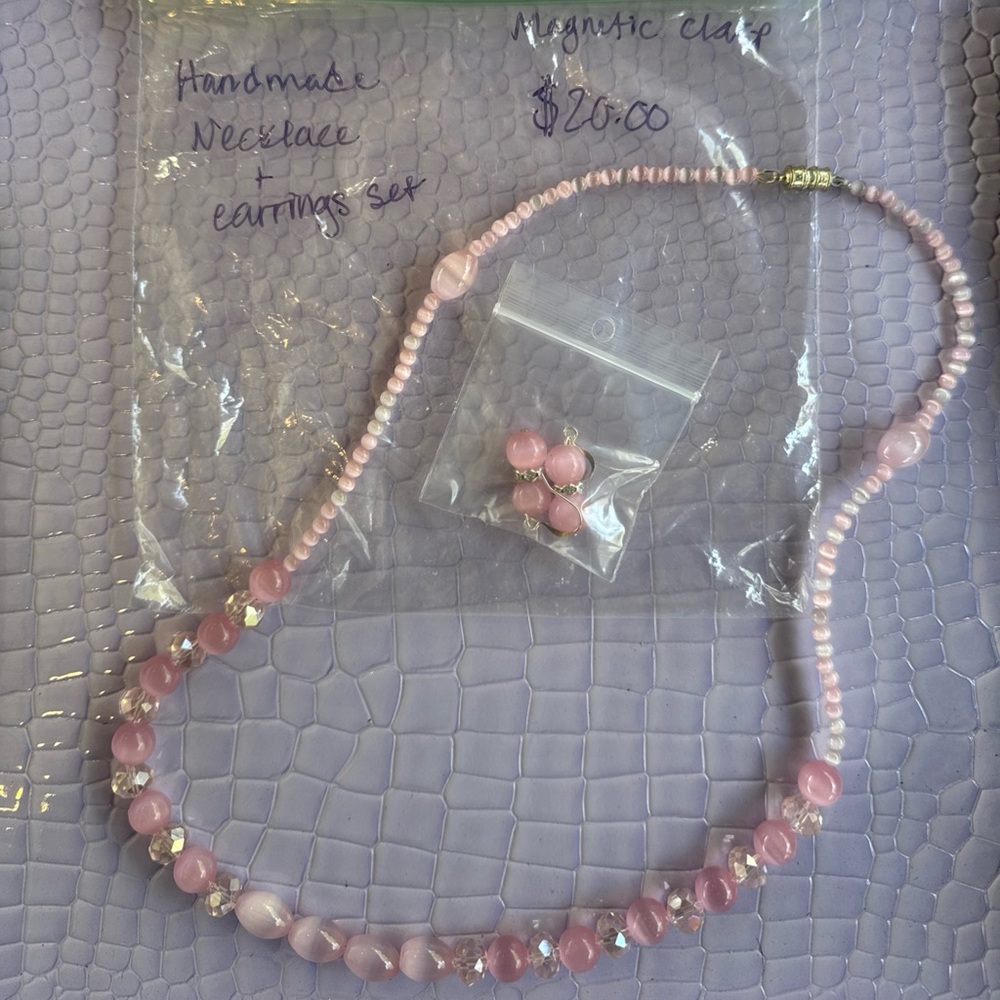Handmade Pink Necklace and Earrings Set